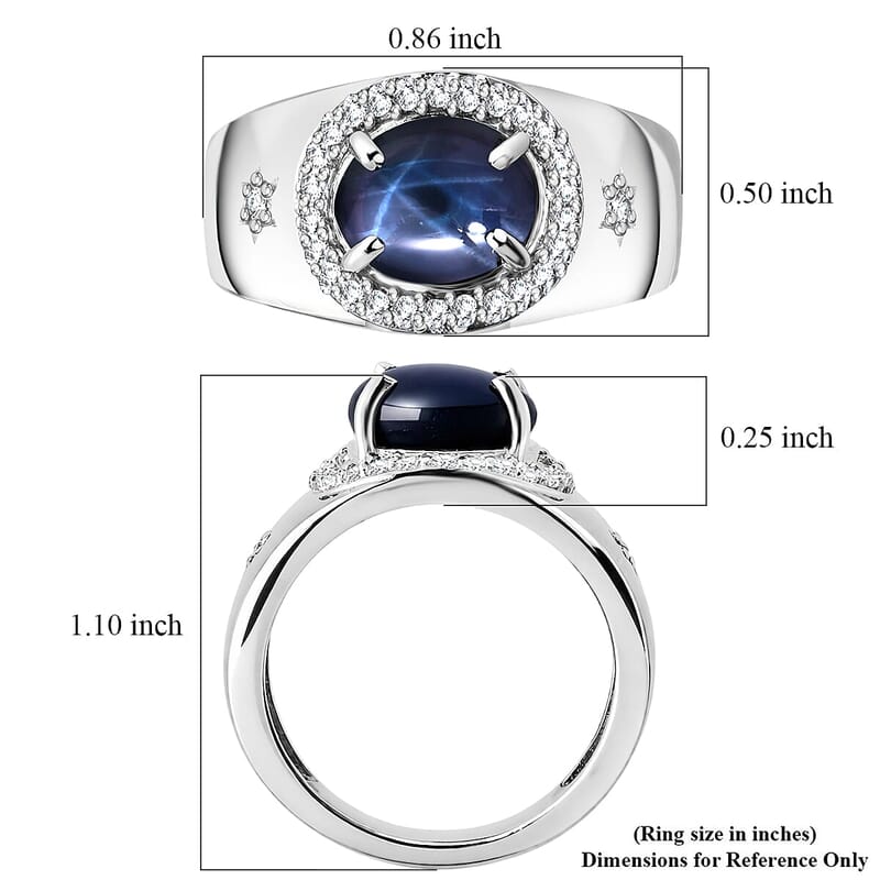 D'Joy Premium Blue Star Sapphire (DF) and White Zircon 3.65 ctw Men's Ring in Rhodium Over Sterling Silver (Size 6.0)