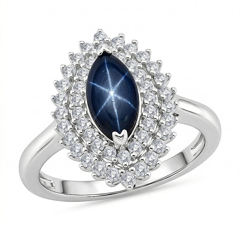 D'Joy Premium Blue Star Sapphire (DF) and Moissanite 1.00 ctw Midnight Sparkle Ring in Rhodium Over Sterling Silver (Size 10.0)