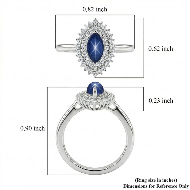 D'Joy Premium Blue Star Sapphire (DF) and Moissanite 1.00 ctw Midnight Sparkle Ring in Rhodium Over Sterling Silver (Size 10.0)