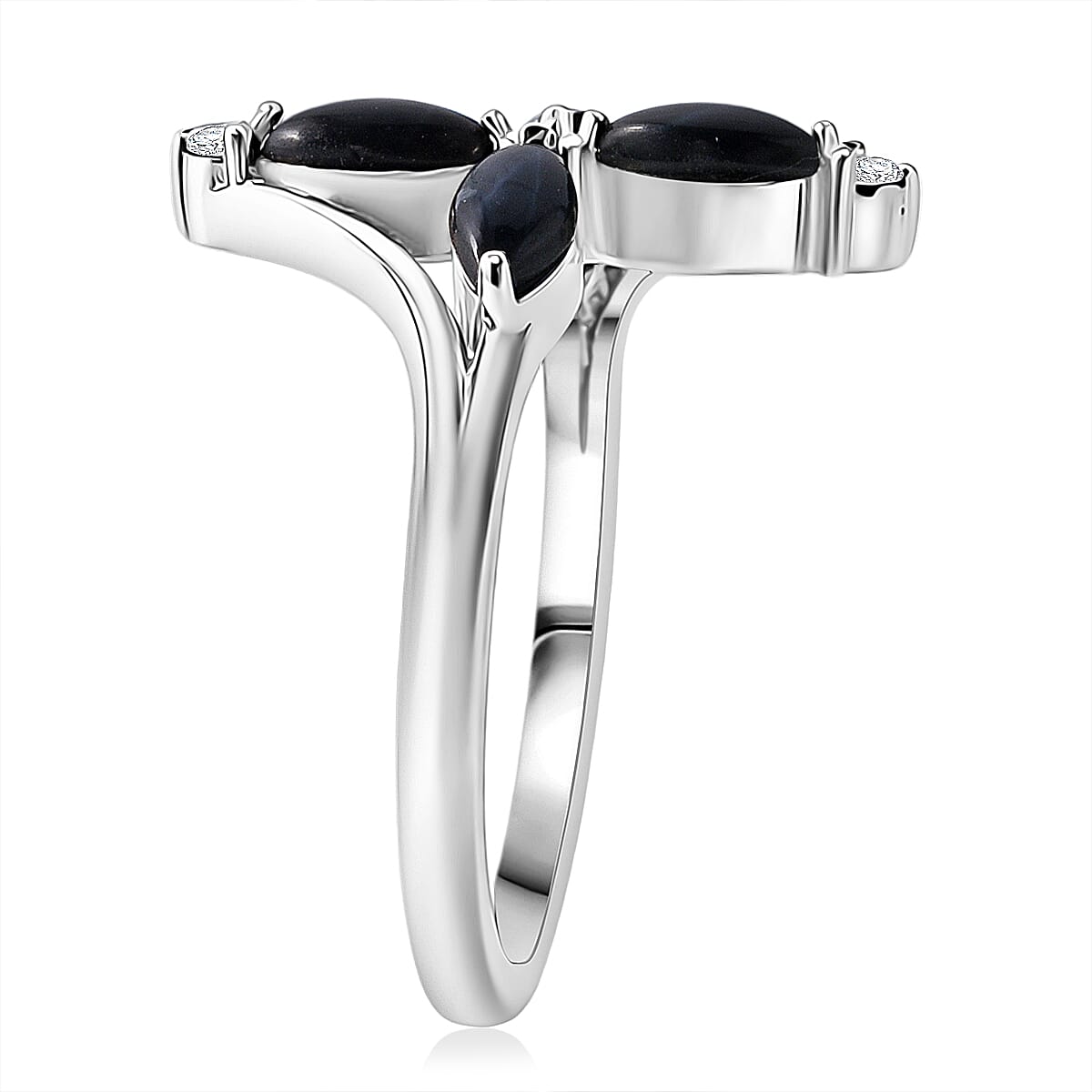 D'Joy Premium Blue Star Sapphire (DF) and Moissanite 1.65 ctw Fleur Cross Ring in Rhodium Over Sterling Silver (Size 10.0) image number 3