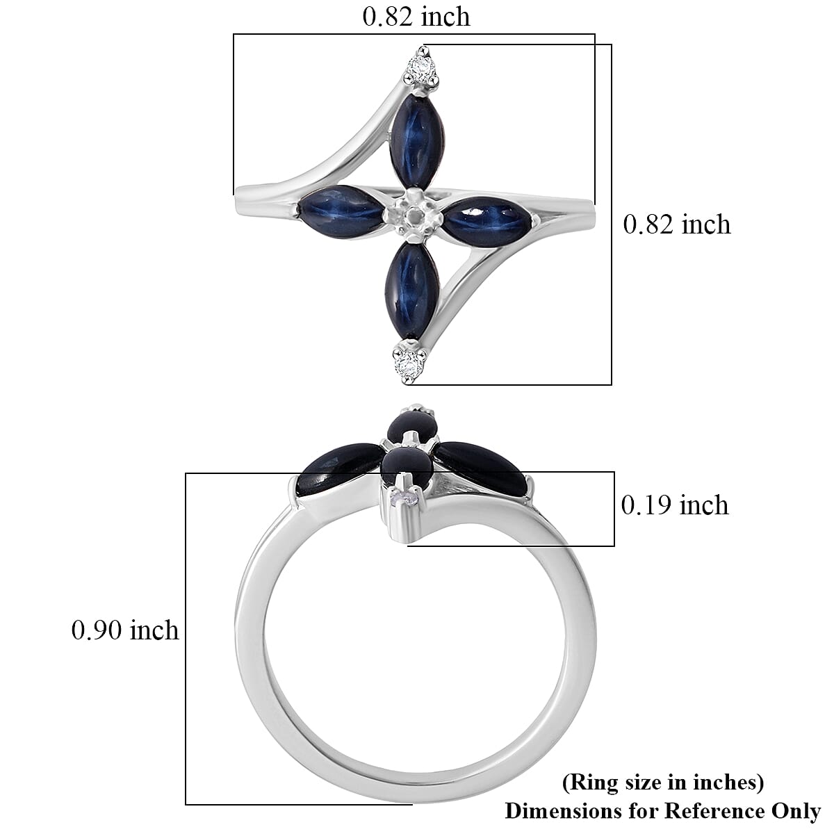 D'Joy Premium Blue Star Sapphire (DF) and Moissanite 1.65 ctw Fleur Cross Ring in Rhodium Over Sterling Silver (Size 6.0)
