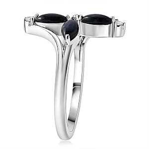 D'Joy Premium Blue Star Sapphire (DF) and Moissanite 1.65 ctw Fleur Cross Ring in Rhodium Over Sterling Silver (Size 7.0)
