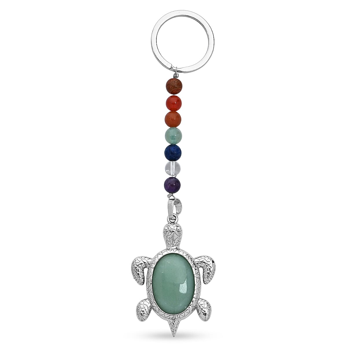 Green Aventurine and Multi Gemstone 30.00 ctw Turtle Keychain in Silvertone