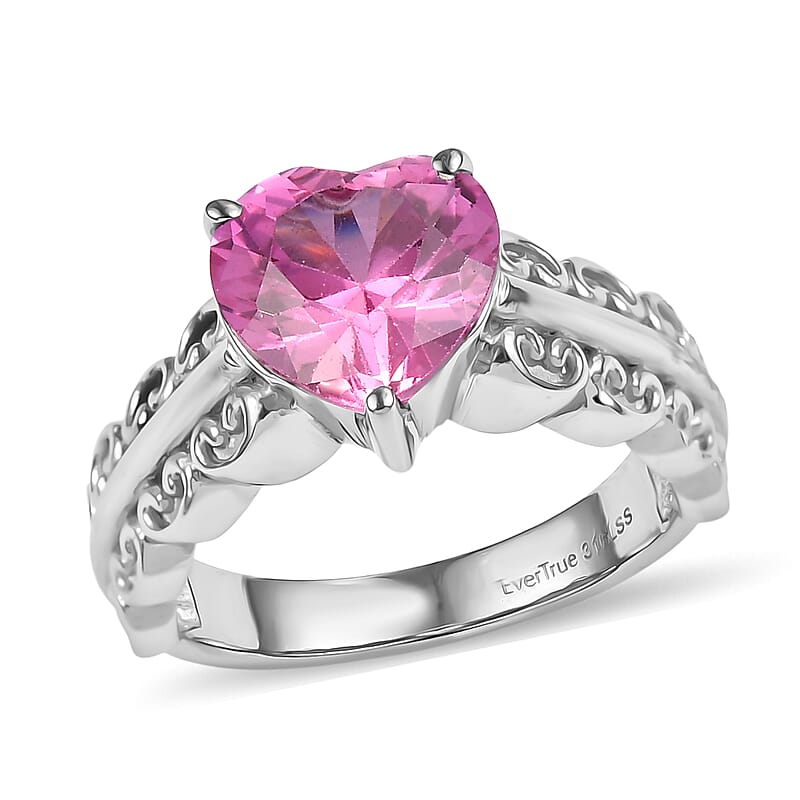 EverTrue Lab Created Pink Sapphire 4.30 ctw Heart Ring in Stainless Steel (Size 7.0)