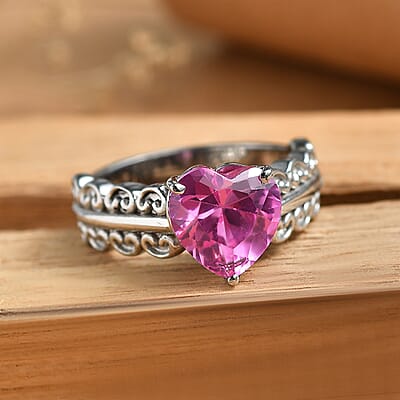EverTrue Lab Created Pink Sapphire 4.30 ctw Heart Ring in Stainless Steel (Size 8.0)