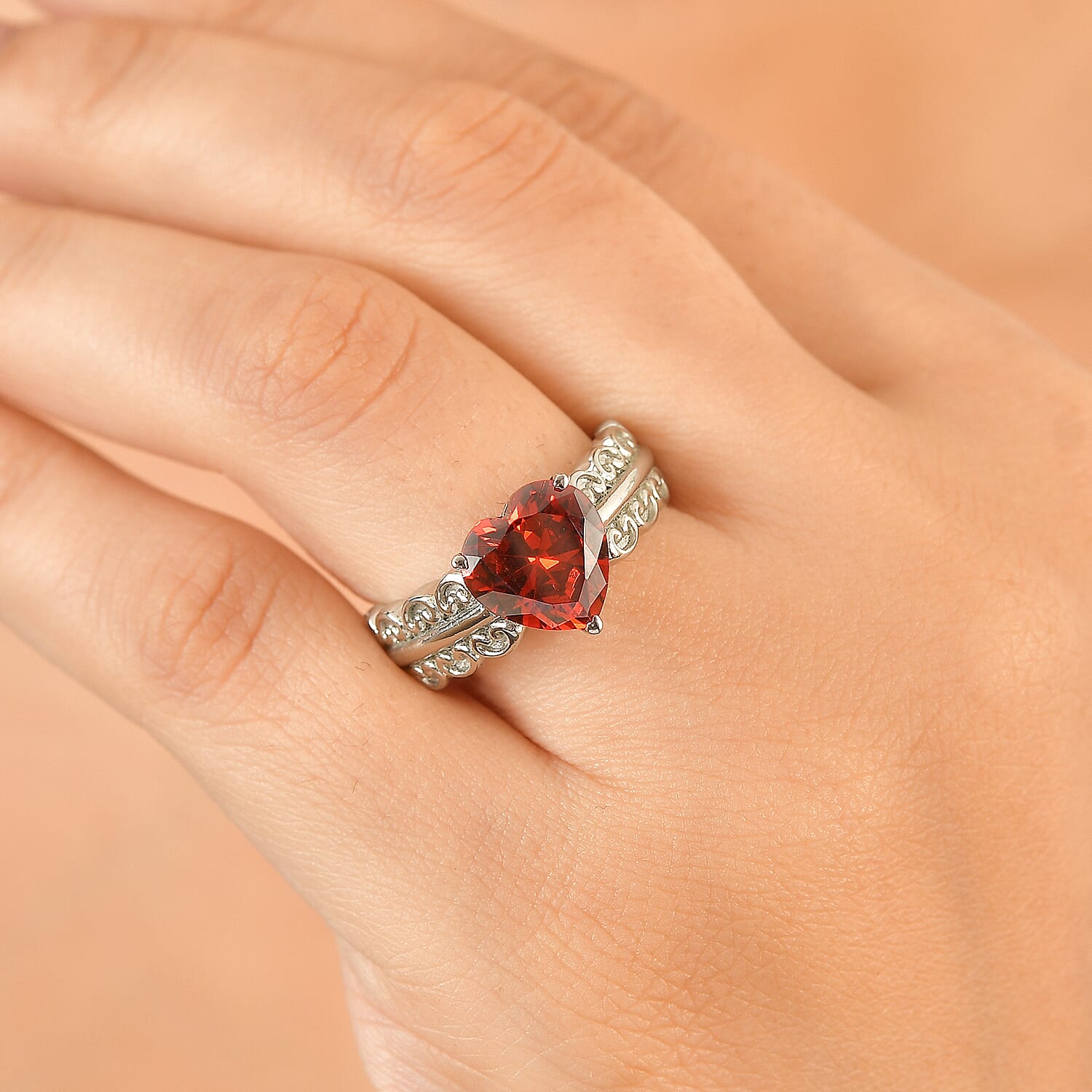 EverTrue Simulated Garnet Color Diamond Ring in Stainless Steel (Size 7.0)