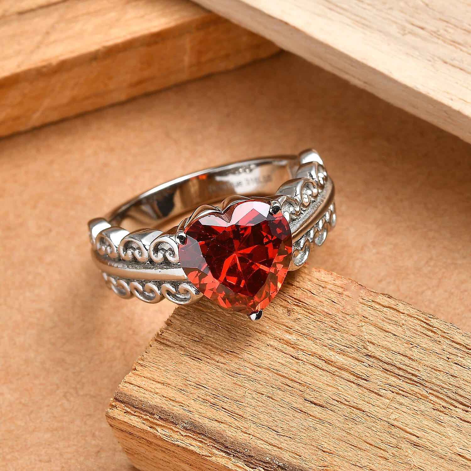 EverTrue Simulated Garnet Color Diamond Ring in Stainless Steel (Size 8.0)