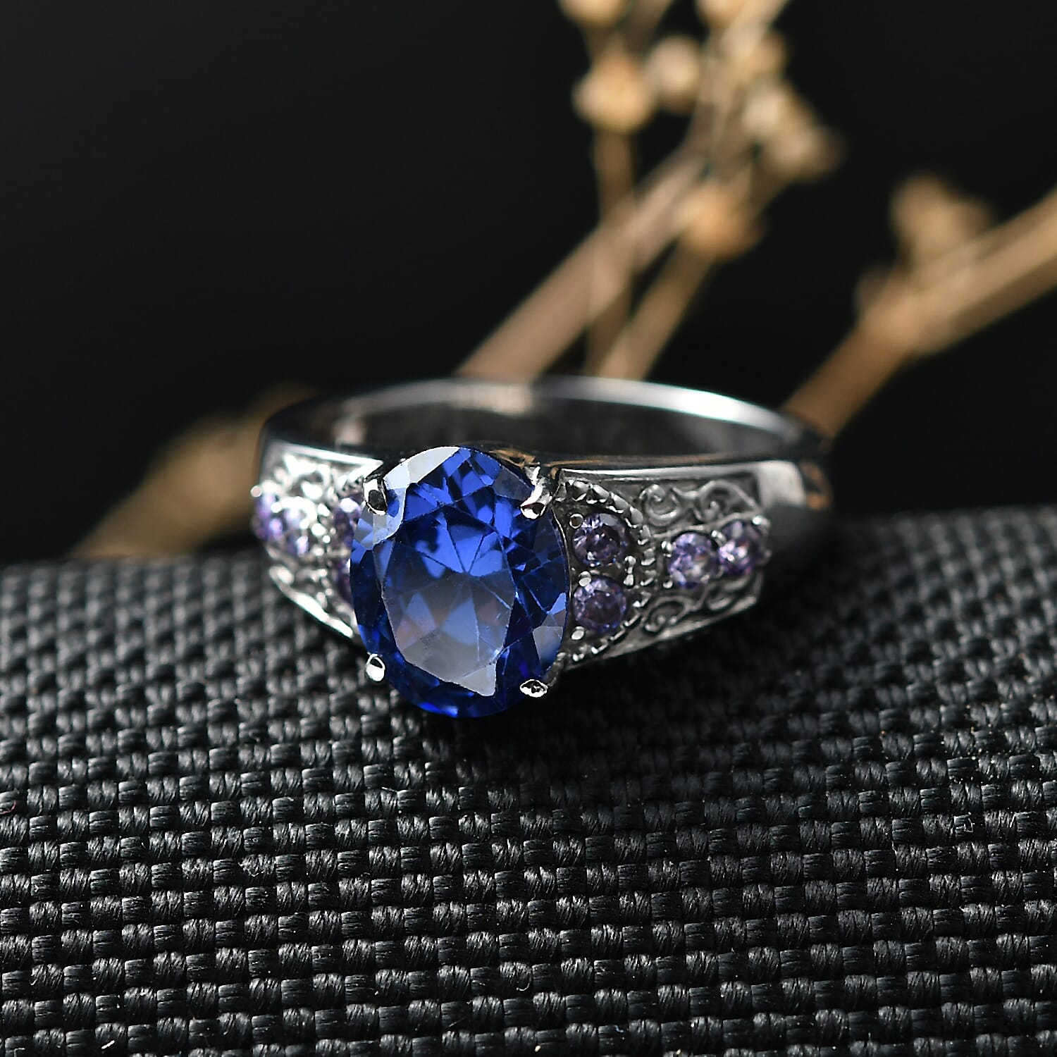 EverTrue Simulated Tanzanite Color and Blue Diamond Ring in Stainless Steel (Size  6.0)