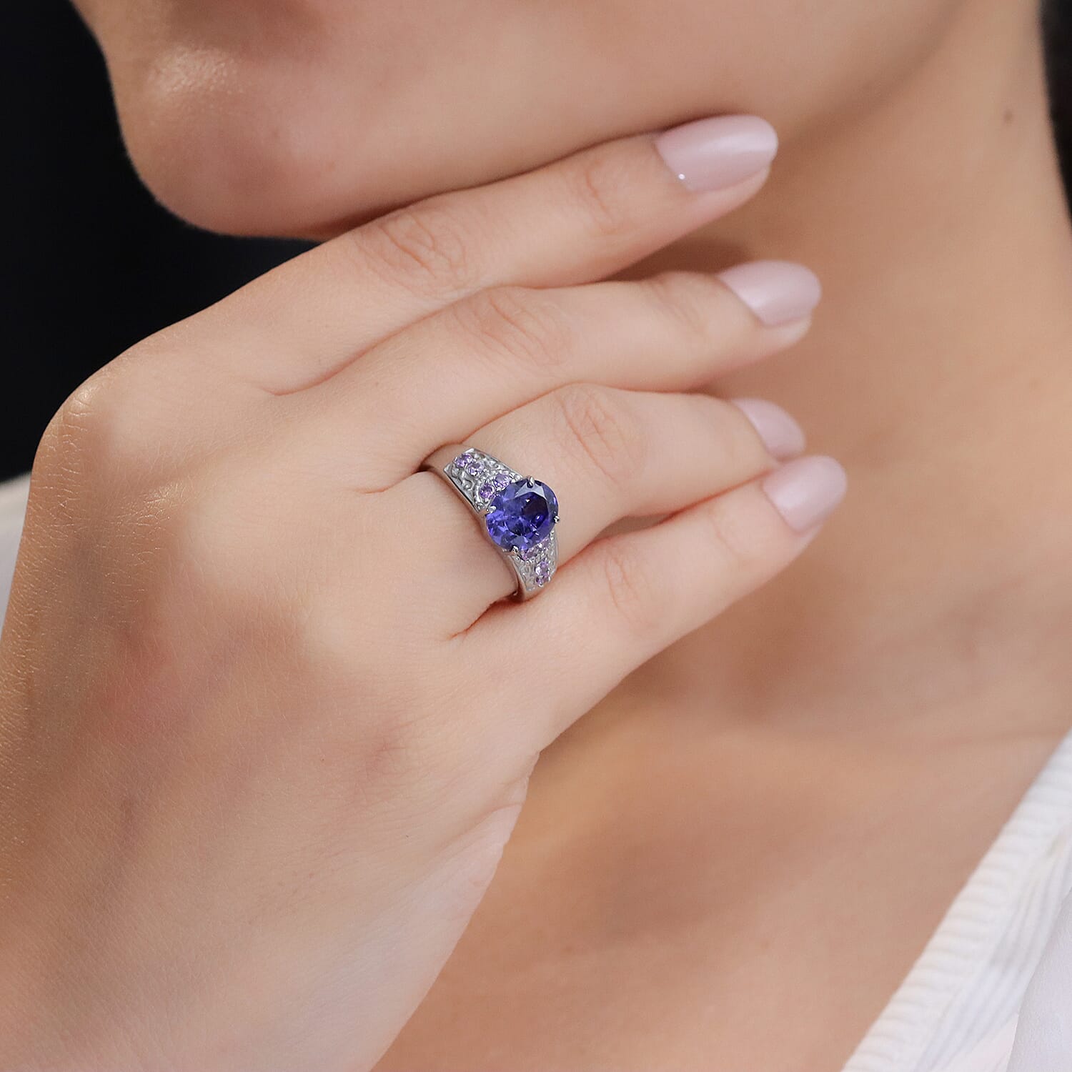 EverTrue Simulated Tanzanite Color and Blue Diamond Ring in Stainless Steel (Size  7.0)