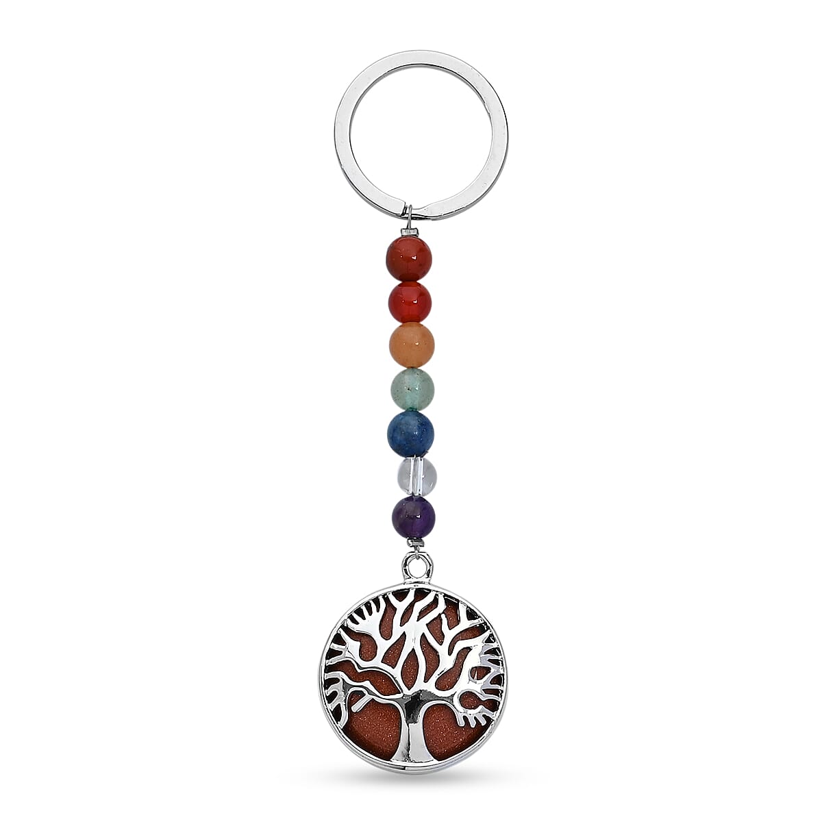 Gold Sandstone and Multi Gemstone 30.00 ctw Life Tree Keychain in Silvertone