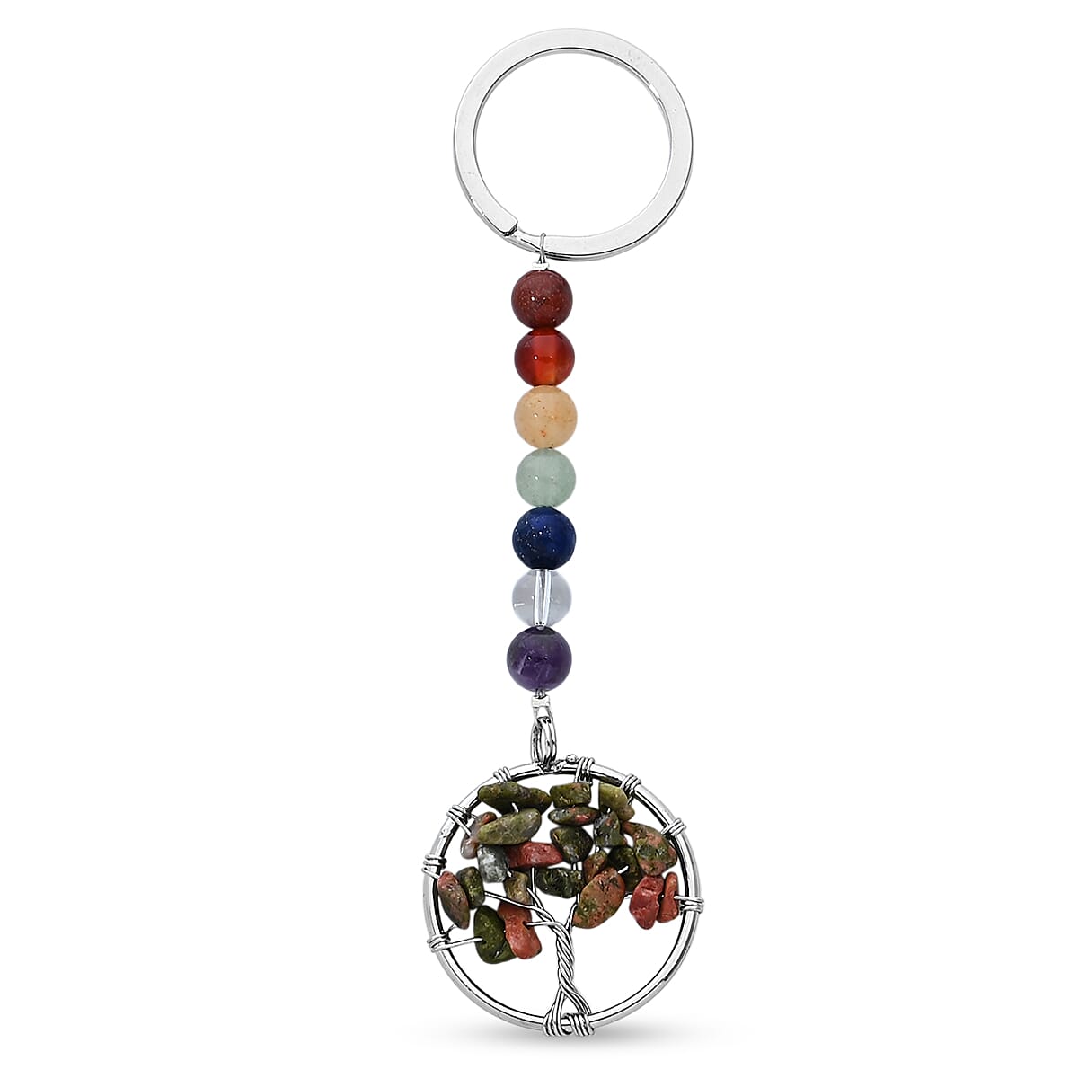 Unakite and Multi Gemstone 30.00 ctw Tree of Life Keychain in Silvertone