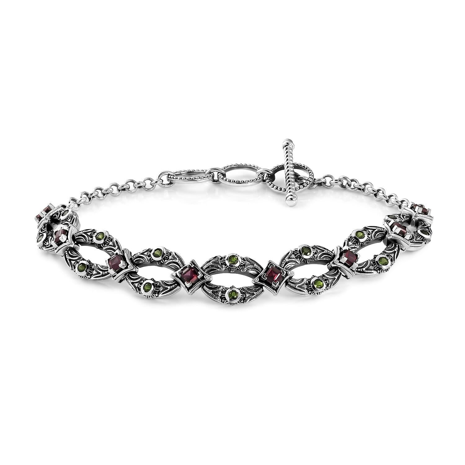 D'Joy Passport to Israel Artisan Crafted Chrome Diopside and Orissa Rhodolite Garnet 1.50 ctw Bracelet in Sterling Silver (7.25 In)