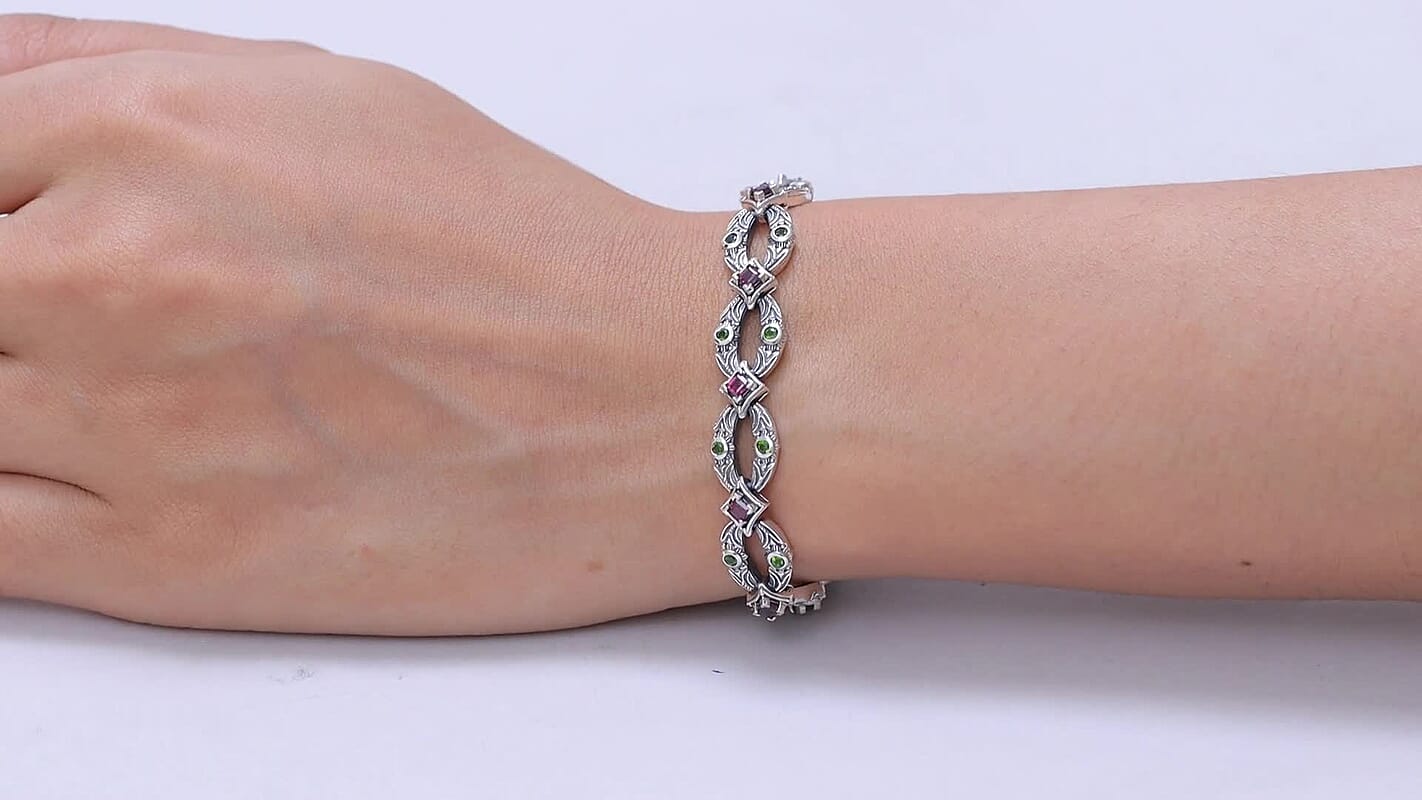 D'Joy Passport to Israel Artisan Crafted Chrome Diopside, Orissa Rhodolite Garnet Bracelet in Sterling Silver (7.25 In) 2.10 ctw