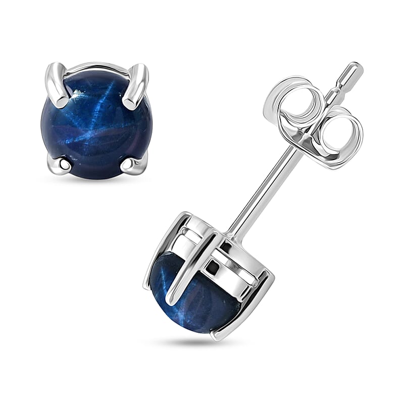 D'Joy Premium Blue Star Sapphire (DF) 1.70 ctw Stud Earrings in Rhodium Over Sterling Silver