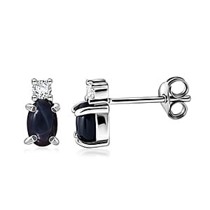 D'Joy Premium Blue Star Sapphire (DF) and Moissanite Stud Earrings in Rhodium Over Sterling Silver