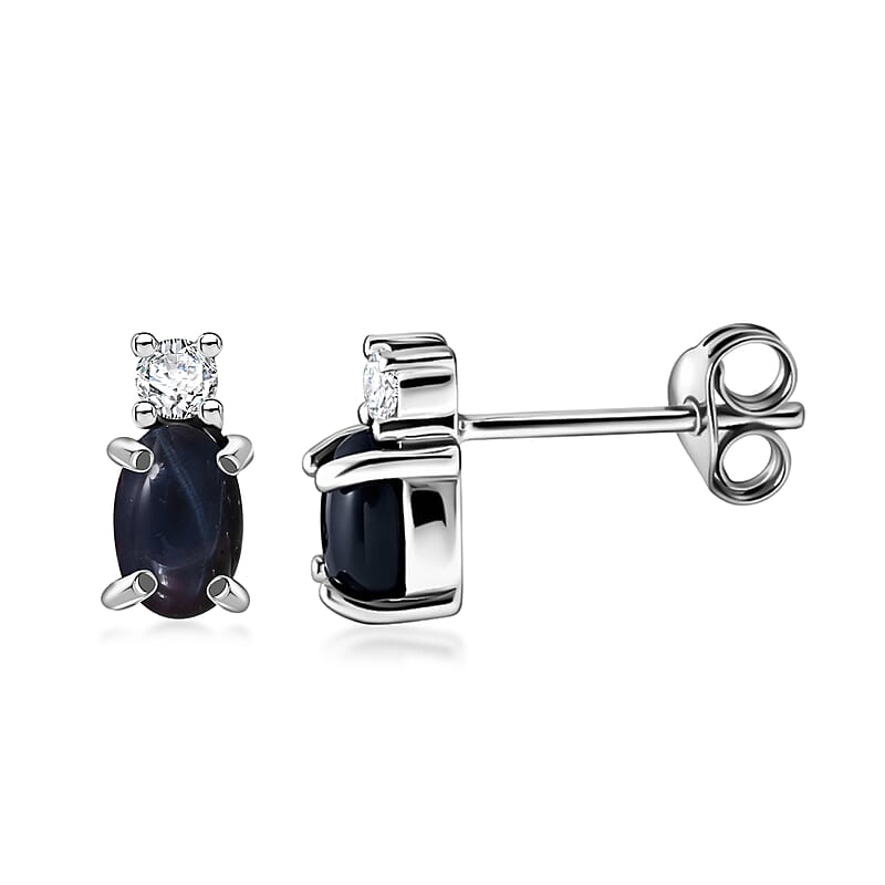 D'Joy Premium Blue Star Sapphire (DF) and Moissanite Stud Earrings in Rhodium Over Sterling Silver