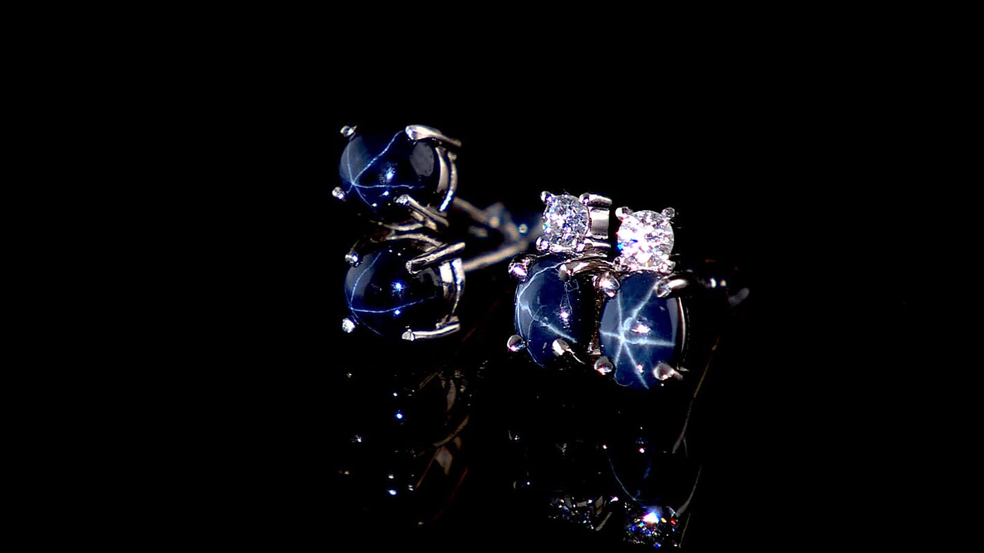 D'Joy Premium Blue Star Sapphire (DF) and Moissanite Earrings in Rhodium Over Sterling Silver