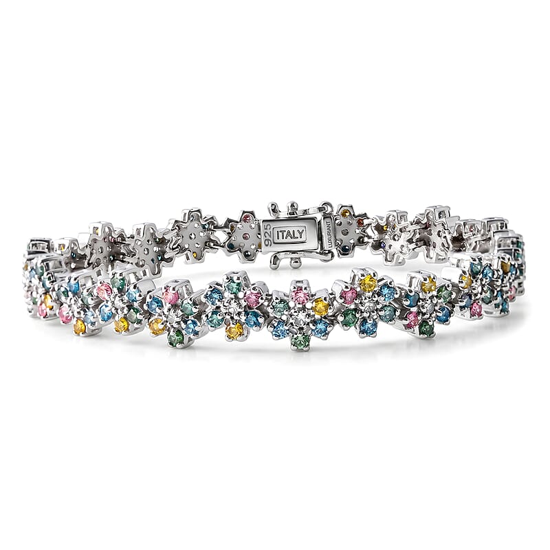 Luxuriant Lab Grown Multi Diamond (SI) 6.00 ctw Rainbow Blossom Bracelet in Rhodium Over Sterling Silver (6.50 In)