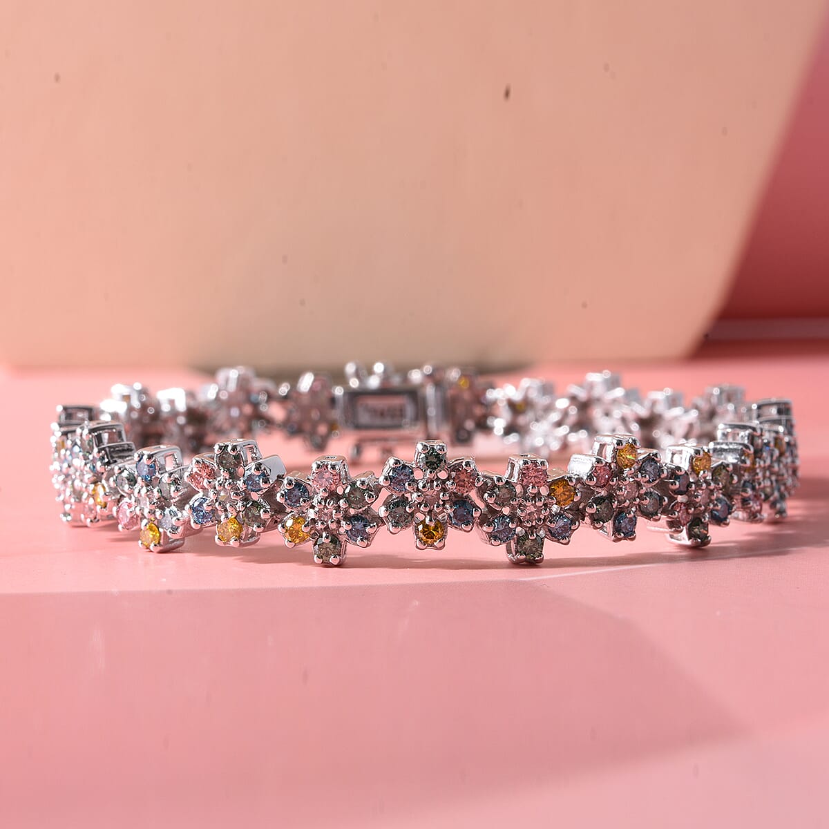 Luxuriant Lab Grown Multi Diamond (SI) 6.00 ctw Rainbow Blossom Bracelet in Rhodium Over Sterling Silver (6.50 In) image number 1