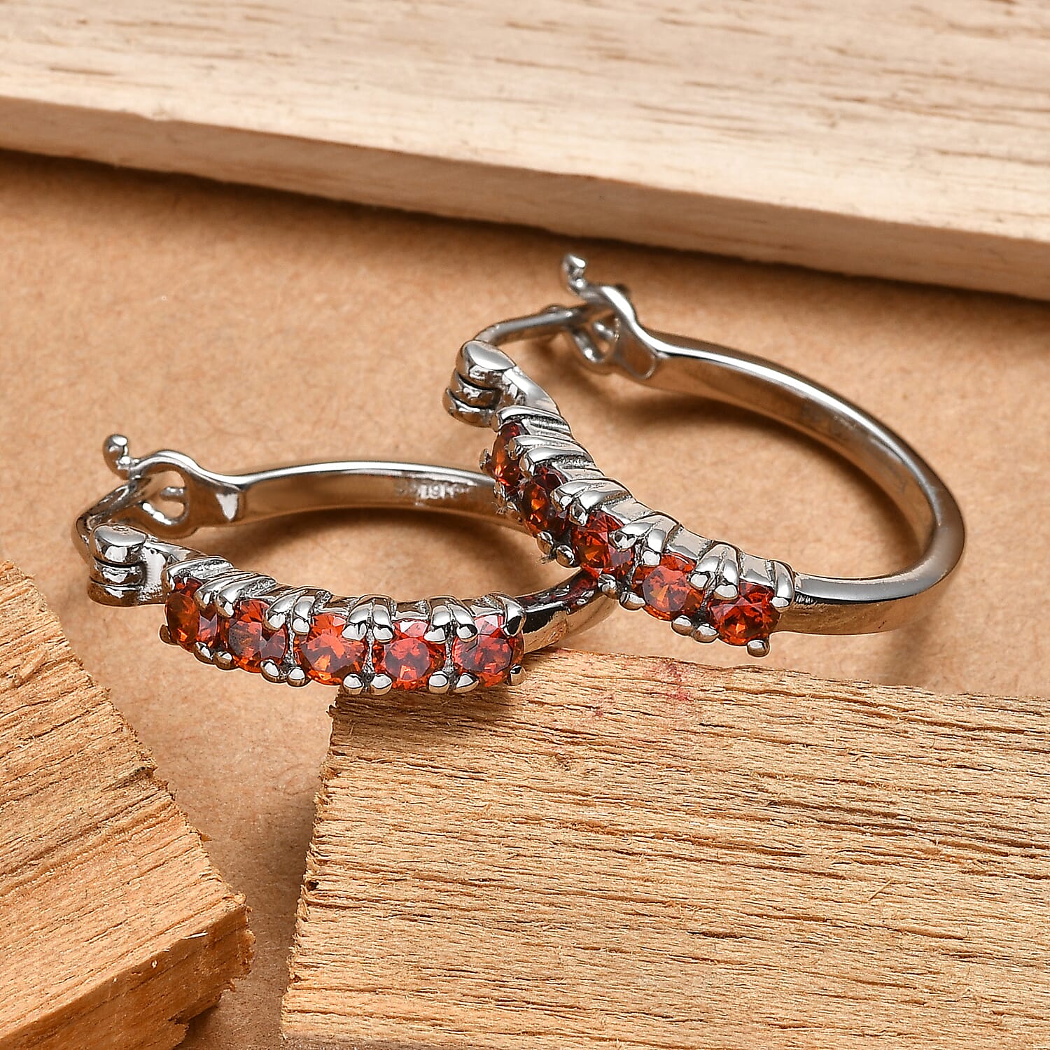 EverTrue Simulated Garnet Color Diamond Hoop Earrings in Stainless Steel