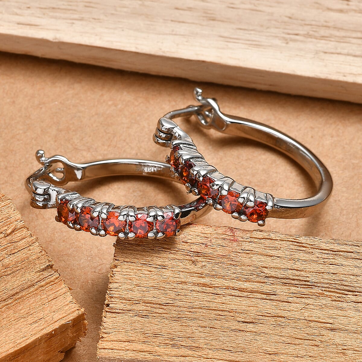 EverTrue Simulated Garnet Color Diamond Hoop Earrings in Stainless Steel image number 1