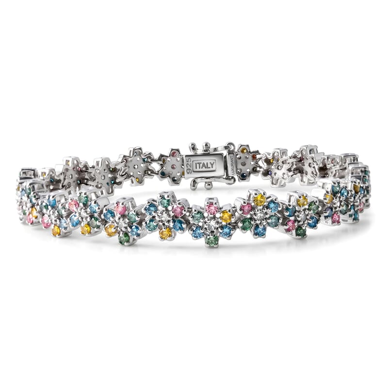 Luxuriant Lab Grown Multi Diamond (SI) 6.00 ctw Rainbow Blossom Bracelet in Rhodium Over Sterling Silver (7.25 In)