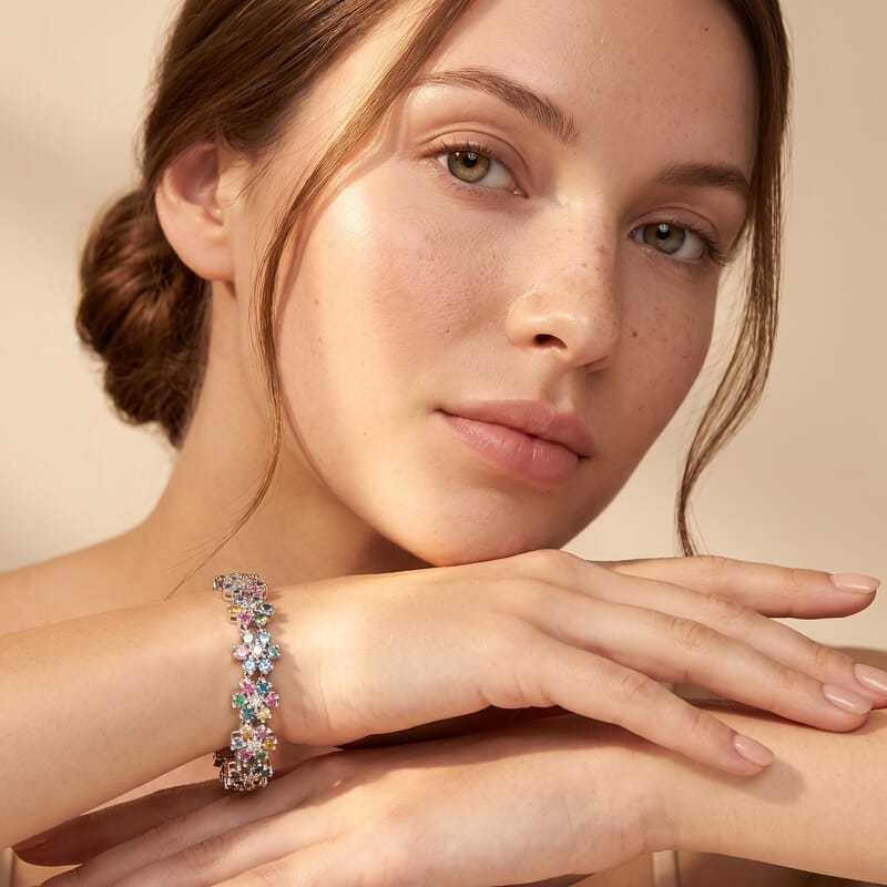 Luxuriant Lab Grown Multi Diamond (SI) 6.00 ctw Rainbow Blossom Bracelet in Rhodium Over Sterling Silver (7.25 In)