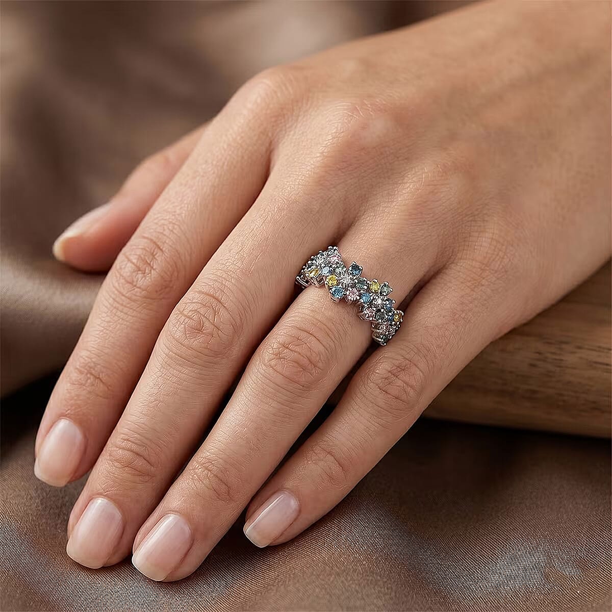 Luxuriant Lab Grown Multi Diamond SI 1.50 ctw Rainbow Blossom Ring in Rhodium Over Sterling Silver (Size 10.0) image number 1