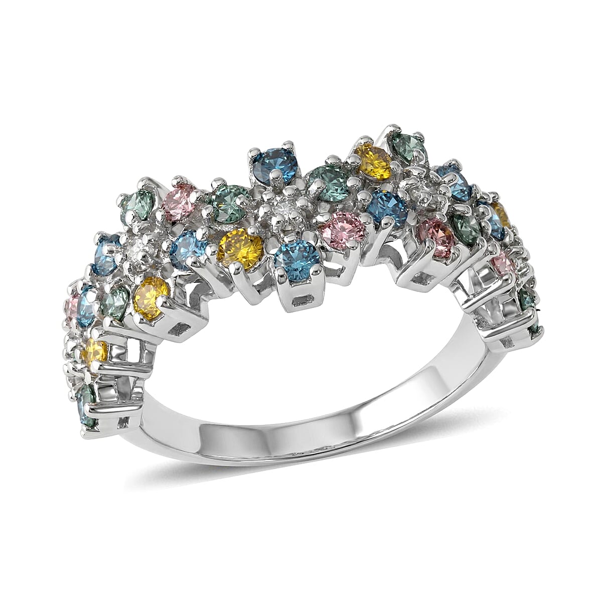 Luxuriant Lab Grown Multi Diamond SI 1.50 ctw Rainbow Blossom Ring in Rhodium Over Sterling Silver (Size 6.0)