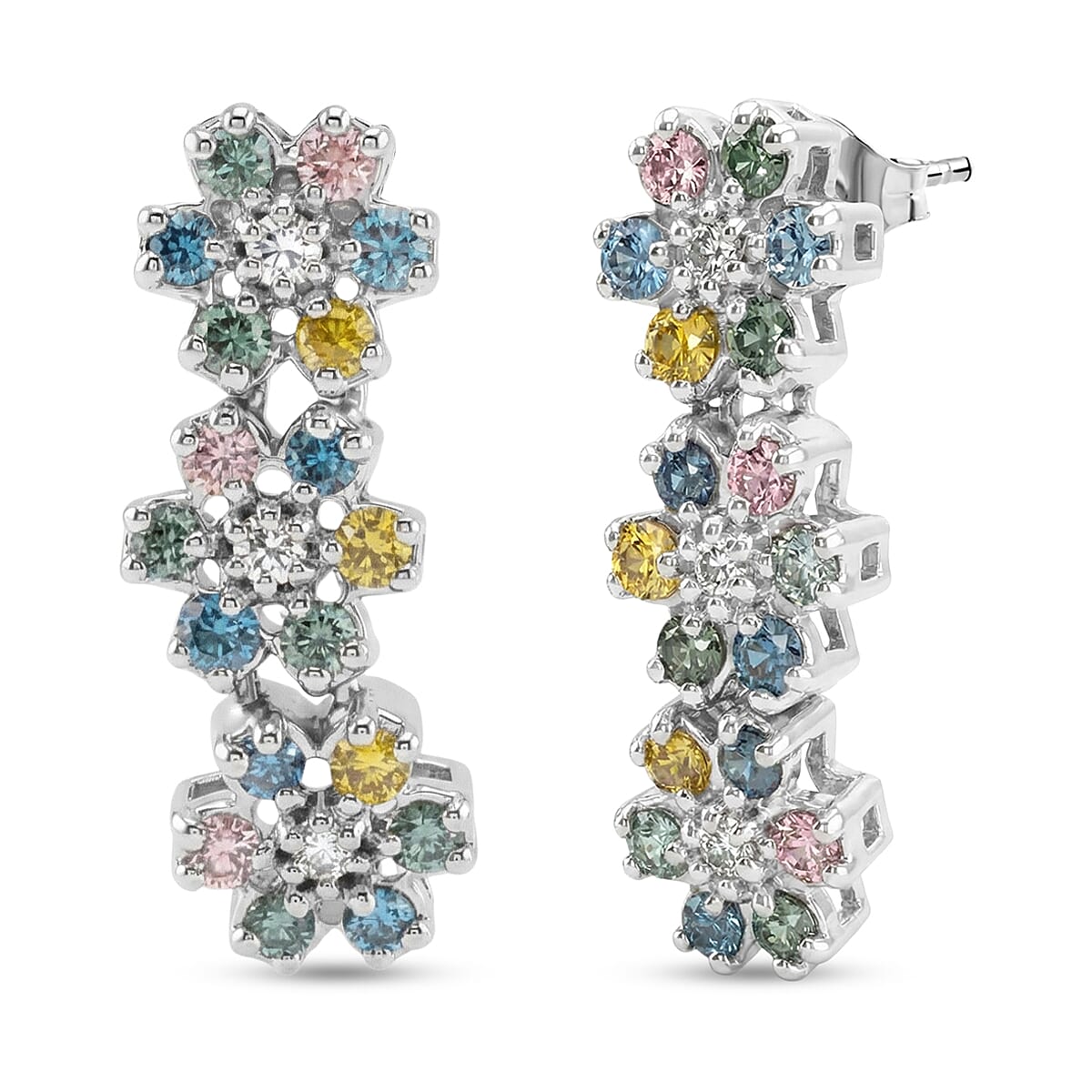 Luxuriant Lab Grown Multi Diamond (SI) 1.50 ctw Rainbow Blossom Earrings in Rhodium Over Sterling Silver