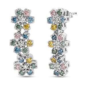 Luxuriant Lab Grown Multi Diamond (SI) 1.50 ctw Rainbow Blossom Earrings in Rhodium Over Sterling Silver