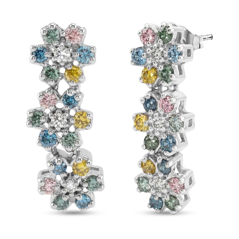 Luxuriant Lab Grown Multi Diamond (SI) 1.50 ctw Rainbow Blossom Earrings in Rhodium Over Sterling Silver
