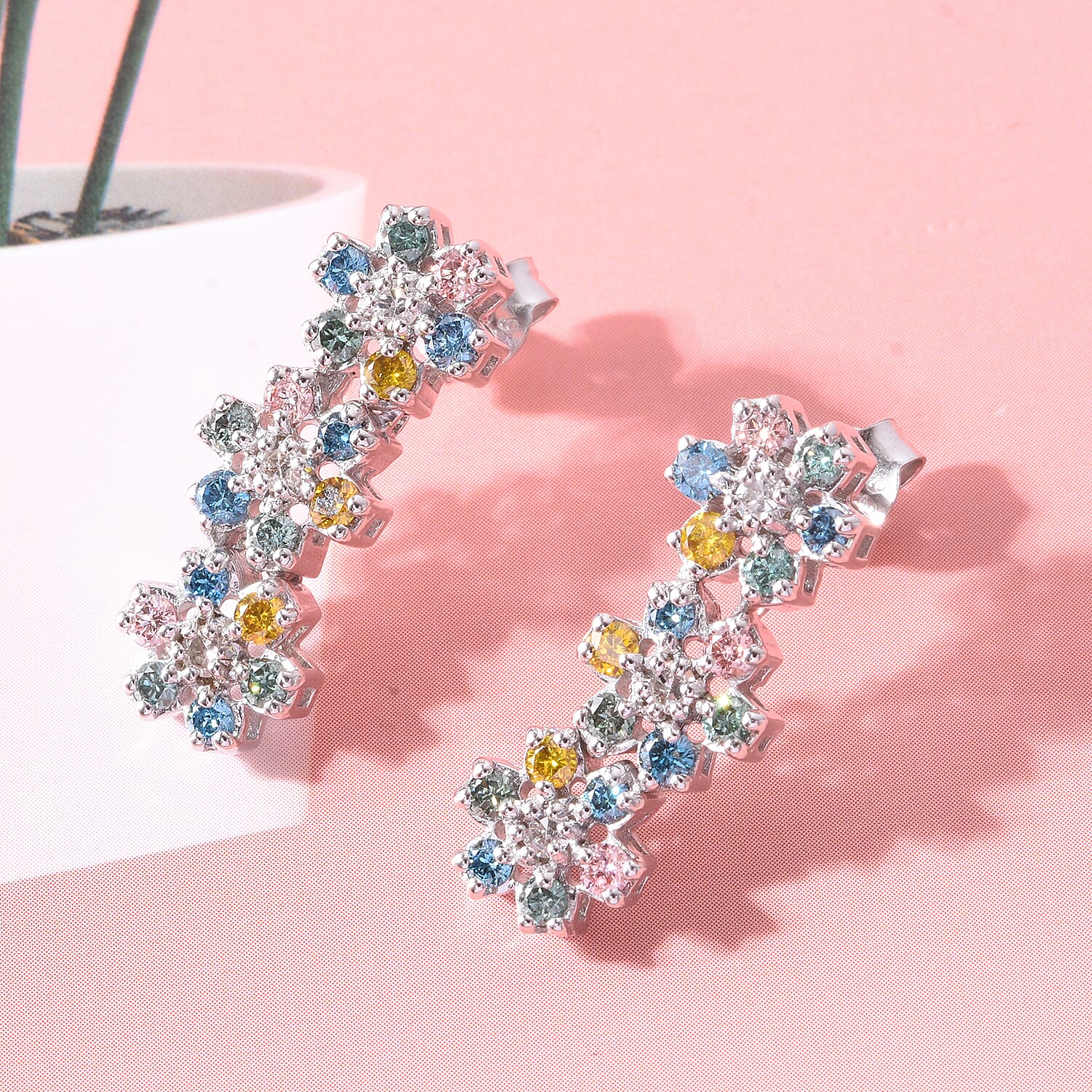 Luxuriant Lab Grown Multi Diamond (SI) 1.50 ctw Rainbow Blossom Earrings in Rhodium Over Sterling Silver