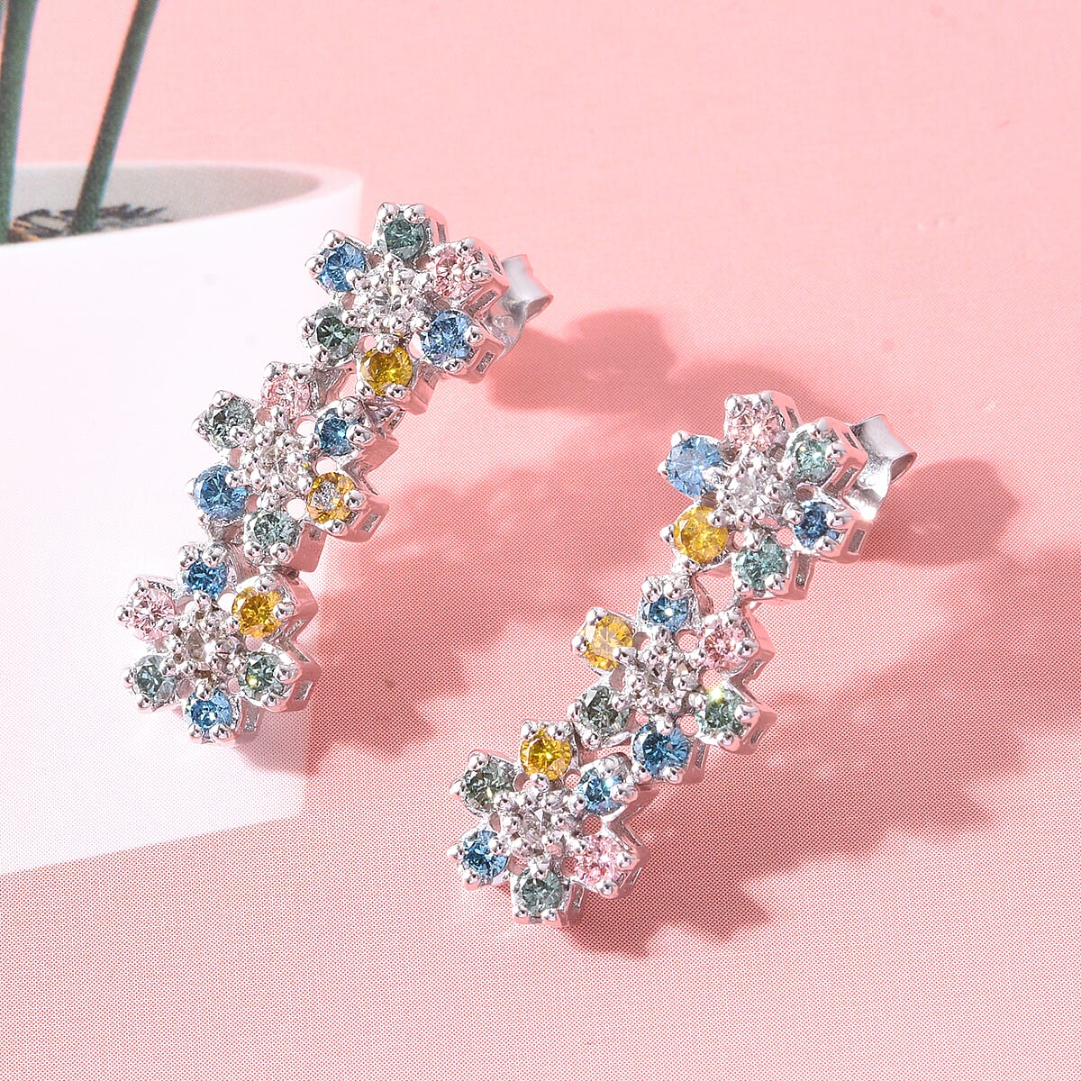 Luxuriant Lab Grown Multi Diamond (SI) 1.50 ctw Rainbow Blossom Earrings in Rhodium Over Sterling Silver image number 1
