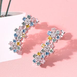 Luxuriant Lab Grown Multi Diamond (SI) 1.50 ctw Rainbow Blossom Earrings in Rhodium Over Sterling Silver