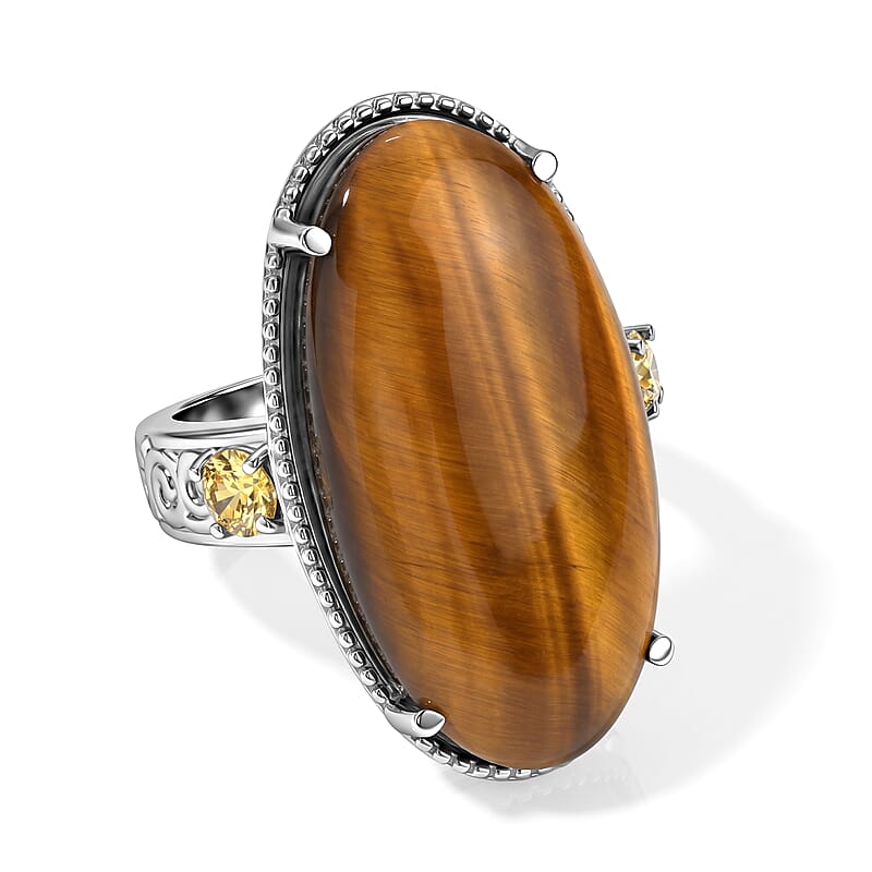 EverTrue Tigers Eye and Simulated Yellow Diamond 21.75 ctw Ring in Stainless Steel (Size 7.0)