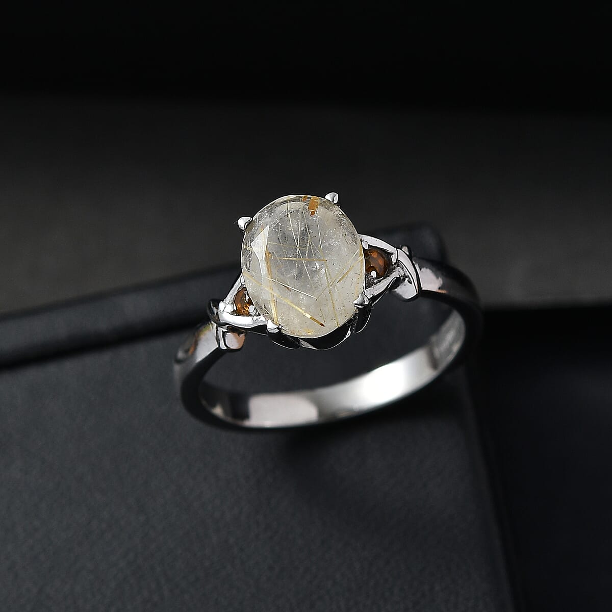 EverTrue Golden Rutilated Quartz (Triplet) and Simulated Orange Diamond 2.40 ctw Ring in Stainless Steel (Size 7.0) image number 1