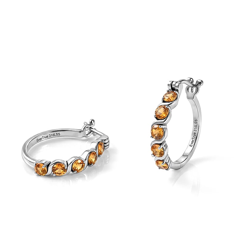 EverTrue Brazilian Citrine 3.50 ctw Hoop Earrings in Stainless Steel
