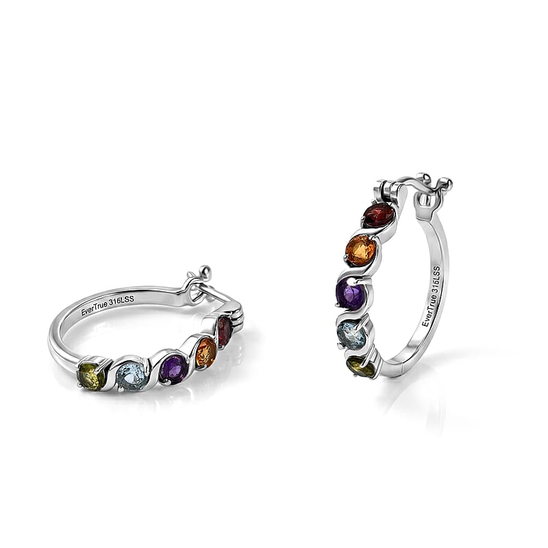 EverTrue Multi Gemstone 3.10 ctw Hoop Earrings in Stainless Steel