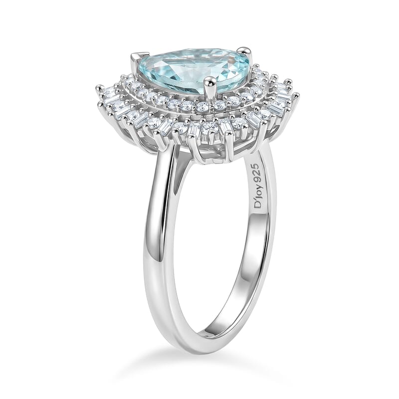 D'Joy Premium Mangoro Aquamarine and Diamond 2.10 ctw Pear Brilliance Ring in Rhodium Over Sterling Silver (Size 5.0)