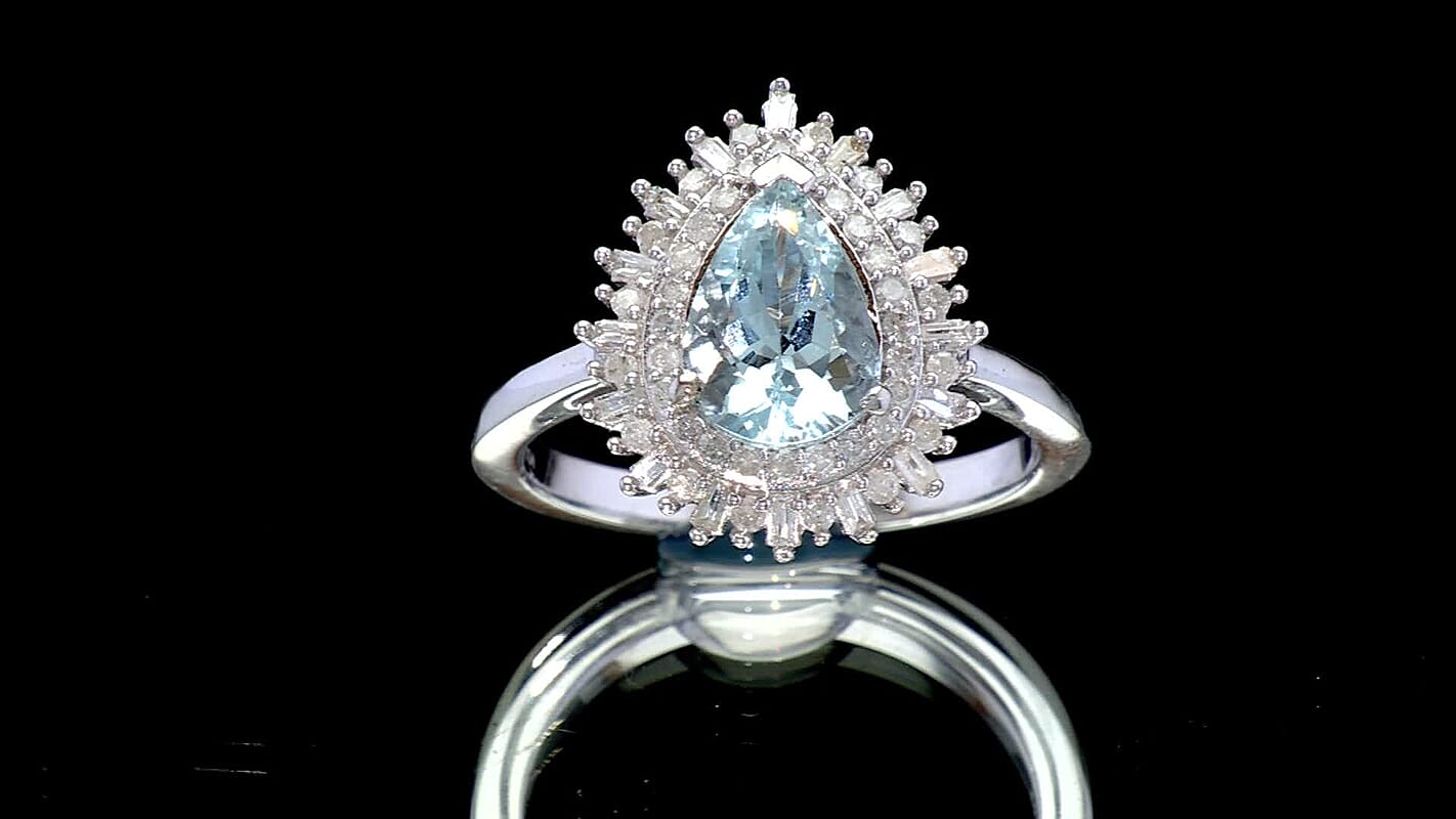 D'Joy Premium Mangoro Aquamarine and Diamond 2.10 ctw Pear Brilliance Ring in Rhodium Over Sterling Silver (Size 10.0)