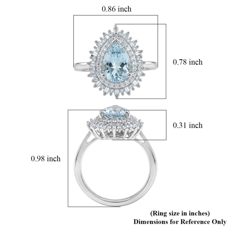 D'Joy Premium Mangoro Aquamarine and Diamond 2.10 ctw Pear Brilliance Ring in Rhodium Over Sterling Silver (Size 7.0)