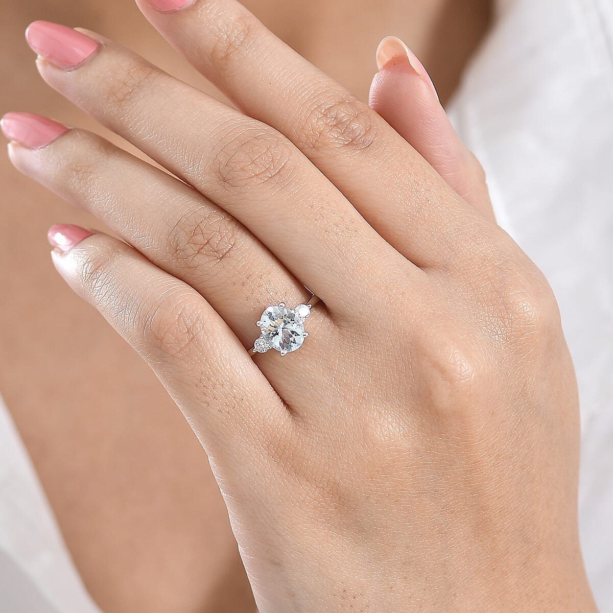 Premium Mangoro Aquamarine and Luxuriant Lab Grown Diamond G-H SI 1.85 ctw Serenity Trio Ring in Rhodium Over Sterling Silver (Size 10.0) image number 2