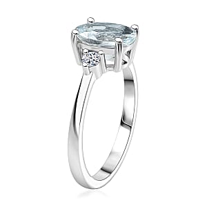 Premium Mangoro Aquamarine and Luxuriant Lab Grown Diamond G-H SI 1.85 ctw Serenity Trio Ring in Rhodium Over Sterling Silver (Size 10.0)
