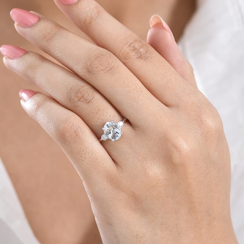 Premium Mangoro Aquamarine and Luxuriant Lab Grown Diamond G-H SI 1.85 ctw Serenity Trio Ring in Rhodium Over Sterling Silver (Size 6.0)