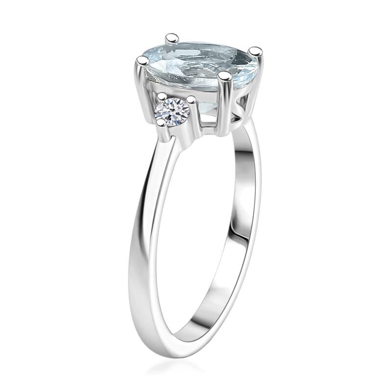 Premium Mangoro Aquamarine and Luxuriant Lab Grown Diamond G-H SI 1.85 ctw Serenity Trio Ring in Rhodium Over Sterling Silver (Size 6.0)