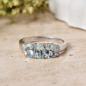 D'Joy Premium Mangoro Aquamarine and Diamond 1.10 ctw Timeless Trio Ring in Rhodium Over Sterling Silver (Size 10.0)