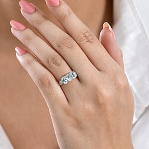D'Joy Premium Mangoro Aquamarine and Diamond 1.10 ctw Timeless Trio Ring in Rhodium Over Sterling Silver (Size 10.0)