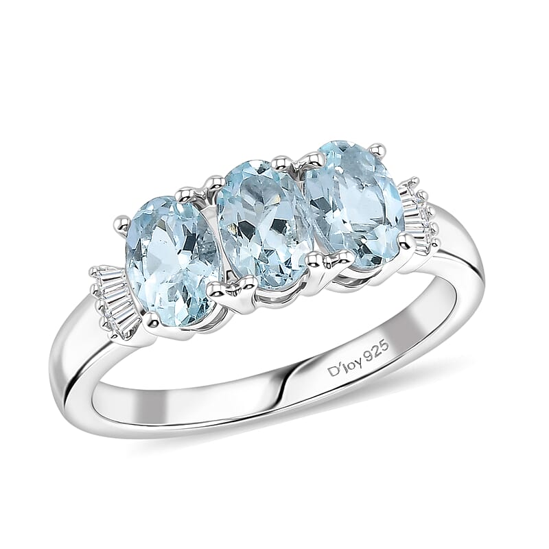 D'Joy Premium Mangoro Aquamarine and Diamond 1.10 ctw Timeless Trio Ring in Rhodium Over Sterling Silver (Size 5.0)