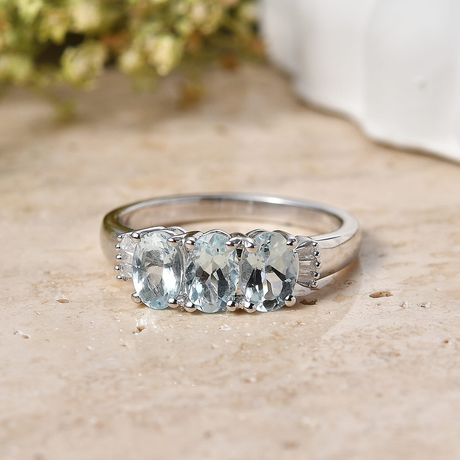 D'Joy Premium Mangoro Aquamarine and Diamond 1.10 ctw Timeless Trio Ring in Rhodium Over Sterling Silver (Size 5.0)